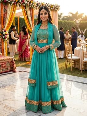 Turquoise Gold Anarkali Maxi Dress Indian Wedding Guest Bollywood Gown Medium
